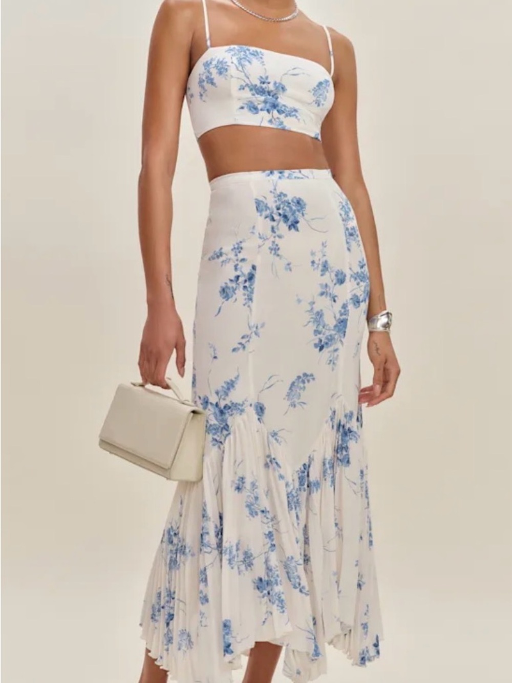 Reformation White Maxi Skirt with Blue Floral Print